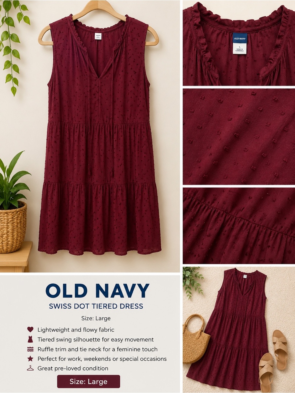 Old Navy Burgundy Sleeveless Tiered Dress
